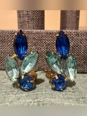 Vintage Blue & Aqua Rhinestone Clip-On Earrings | Marquise & Round Mid-Century
